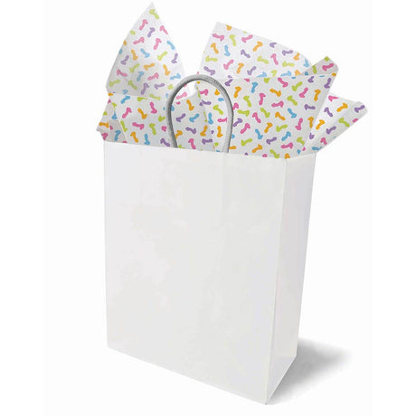 Super Fun Penis Tissue Paper peeking out of a white gift bag, perfect for bachelorette parties and adult celebrations.