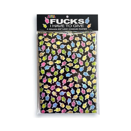 Fucks I Have to Give Tissue Paper pack showcasing colorful designs on black background with humorous elements.
