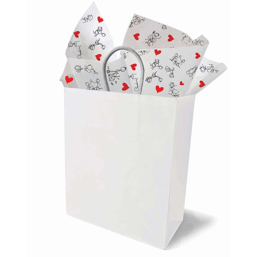 Naughty Stick Figure Tissue Paper peeking out of a white gift bag with a handle, decorated with stick figures and hearts.