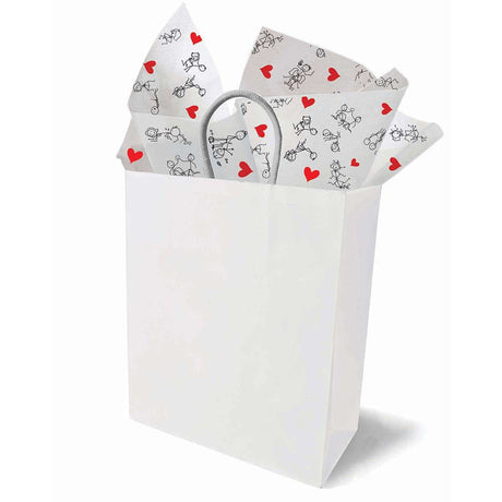 Naughty Stick Figure Tissue Paper peeking out of a white gift bag with a handle, decorated with stick figures and hearts.