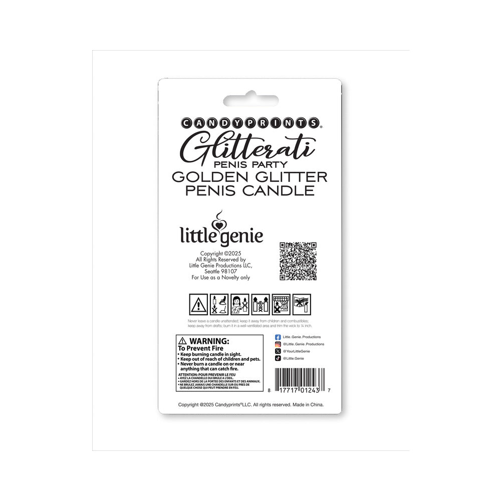 Back of the packaging for the Golden Glitter Penis Candle featuring details of the Glitterati collection.