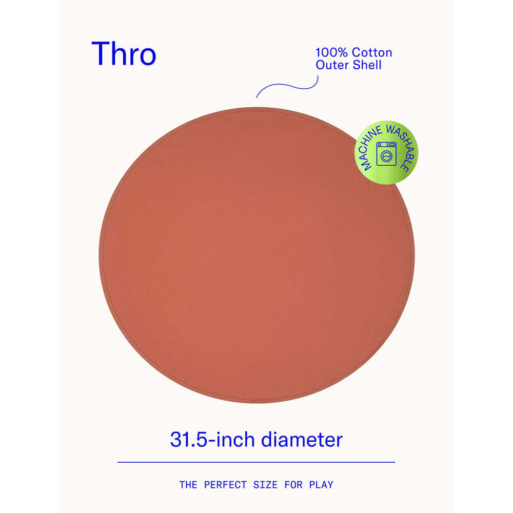 Dame Thro Waterproof Sex Blanket Copper displayed, featuring a 31.5-inch diameter with a 100% cotton outer shell.