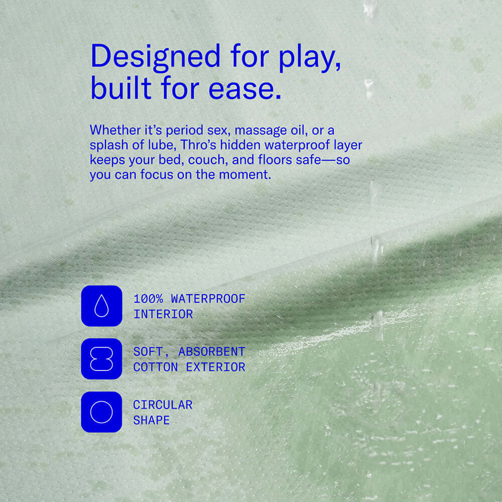 Dame Thro Waterproof Sex Blanket Sage with 100% waterproof interior and soft cotton exterior, designed for protection during play.