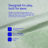 Dame Thro Waterproof Sex Blanket Sage with 100% waterproof interior and soft cotton exterior, designed for protection during play.