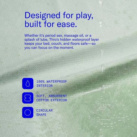 Dame Thro Waterproof Sex Blanket Sage with 100% waterproof interior and soft cotton exterior, designed for protection during play.