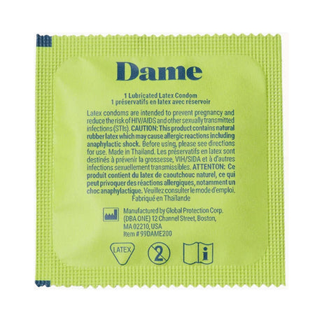 Dame Ultra Thin Condoms 12-Pack individual lubricant latex condom package with safety information on the back.