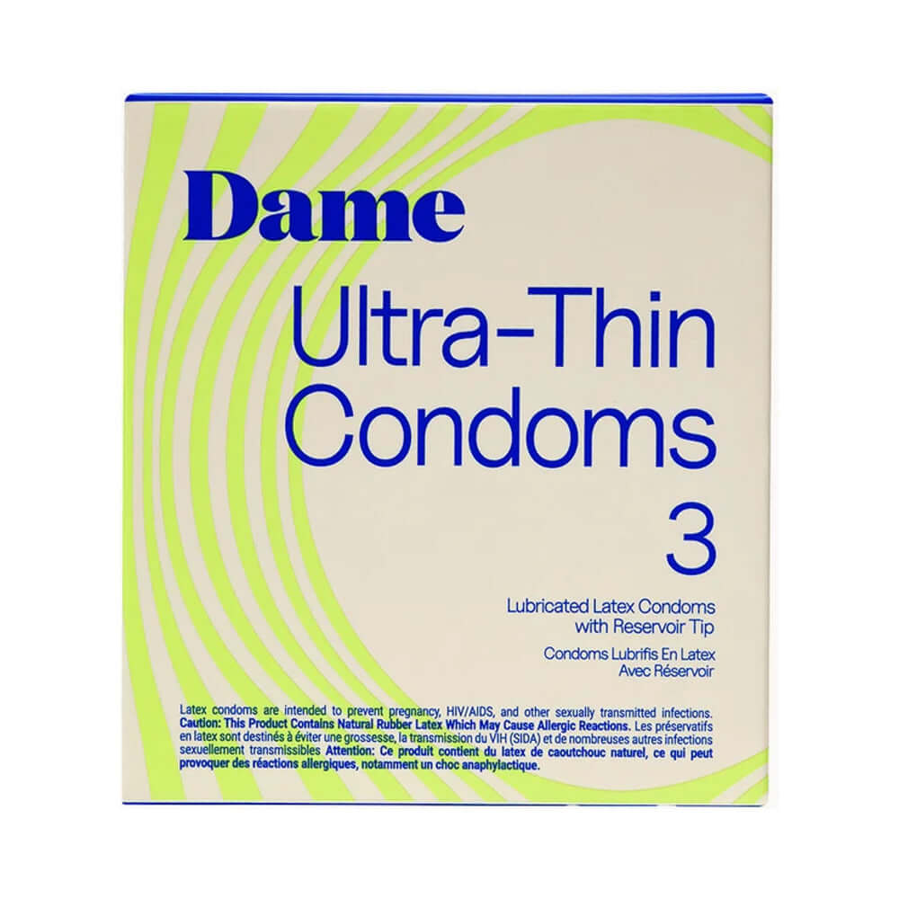 Dame Condoms 3-Pack featuring ultra-thin design, lubricated latex condoms with reservoir tip for optimal intimacy.