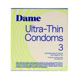 Dame Condoms 3-Pack featuring ultra-thin design, lubricated latex condoms with reservoir tip for optimal intimacy.