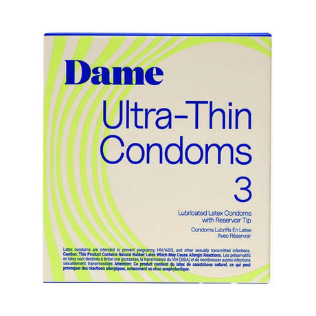 Dame Condoms 3-Pack featuring ultra-thin design, lubricated latex condoms with reservoir tip for optimal intimacy.