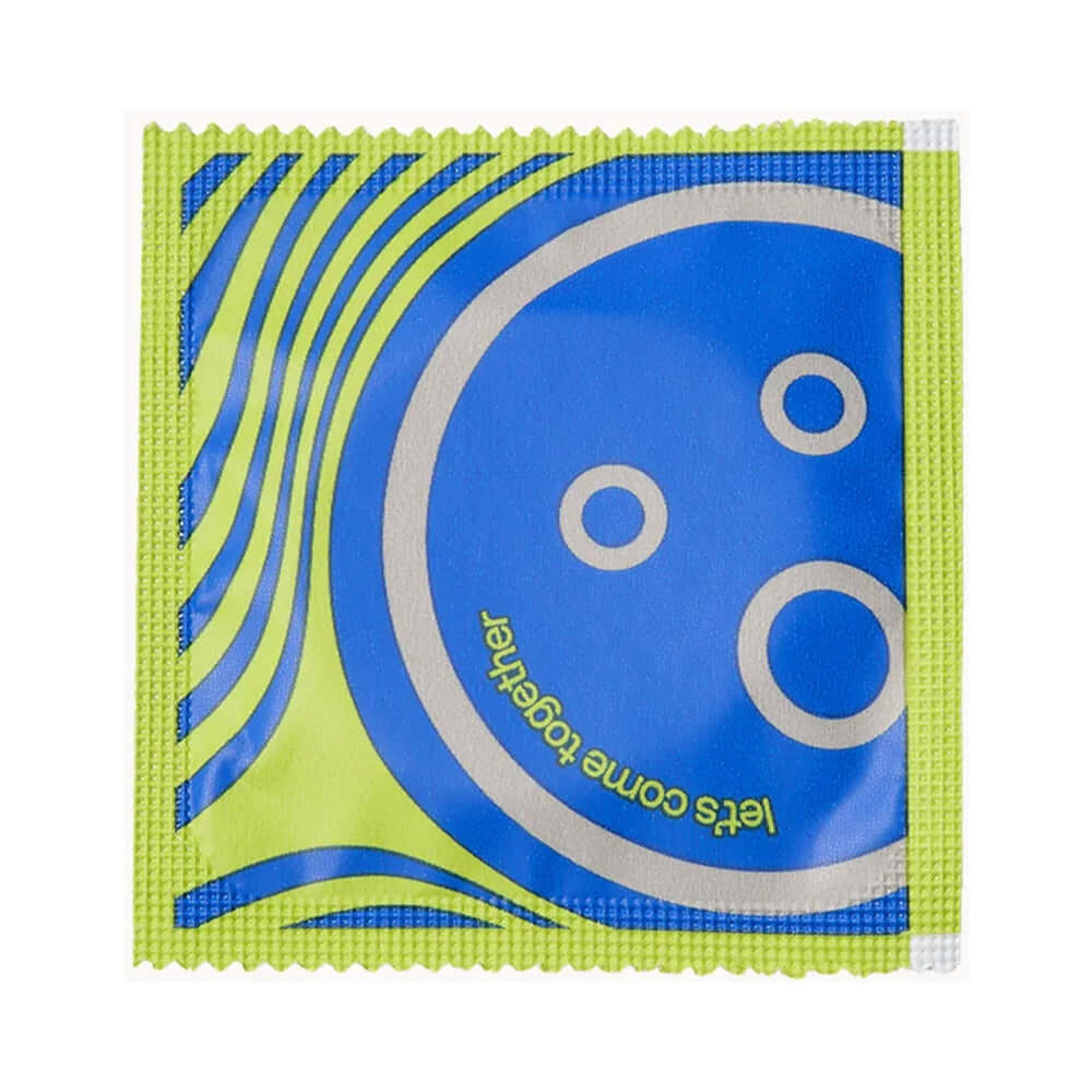 Dame Condoms 3-Pack packaging featuring a playful design with a message 'let's come together'.