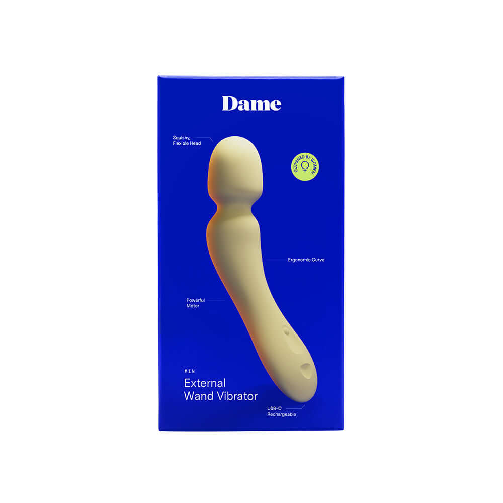 Dame Min Mini Wand Vibrator Butter in elegant packaging with soft silicone head and ergonomic design.