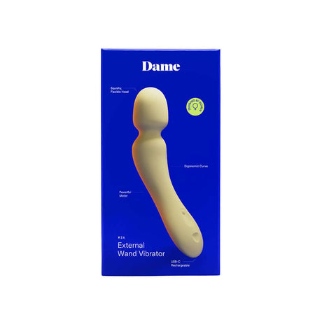 Dame Min Mini Wand Vibrator Butter in elegant packaging with soft silicone head and ergonomic design.
