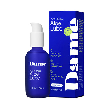 Dame Aloe Lube Personal Lubricant 2 Oz in a blue bottle with pump and packaging showcasing plant-based ingredients.