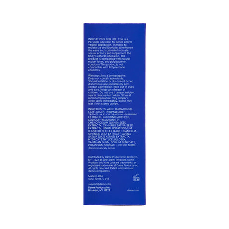 Dame Aloe Lube Personal Lubricant 2 Oz ingredients and usage instructions on the product packaging.