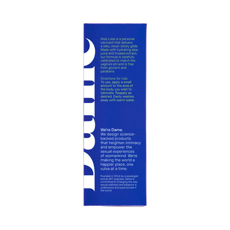 Dame Aloe Lube Personal Lubricant 2 Oz packaging with usage directions and brand information.