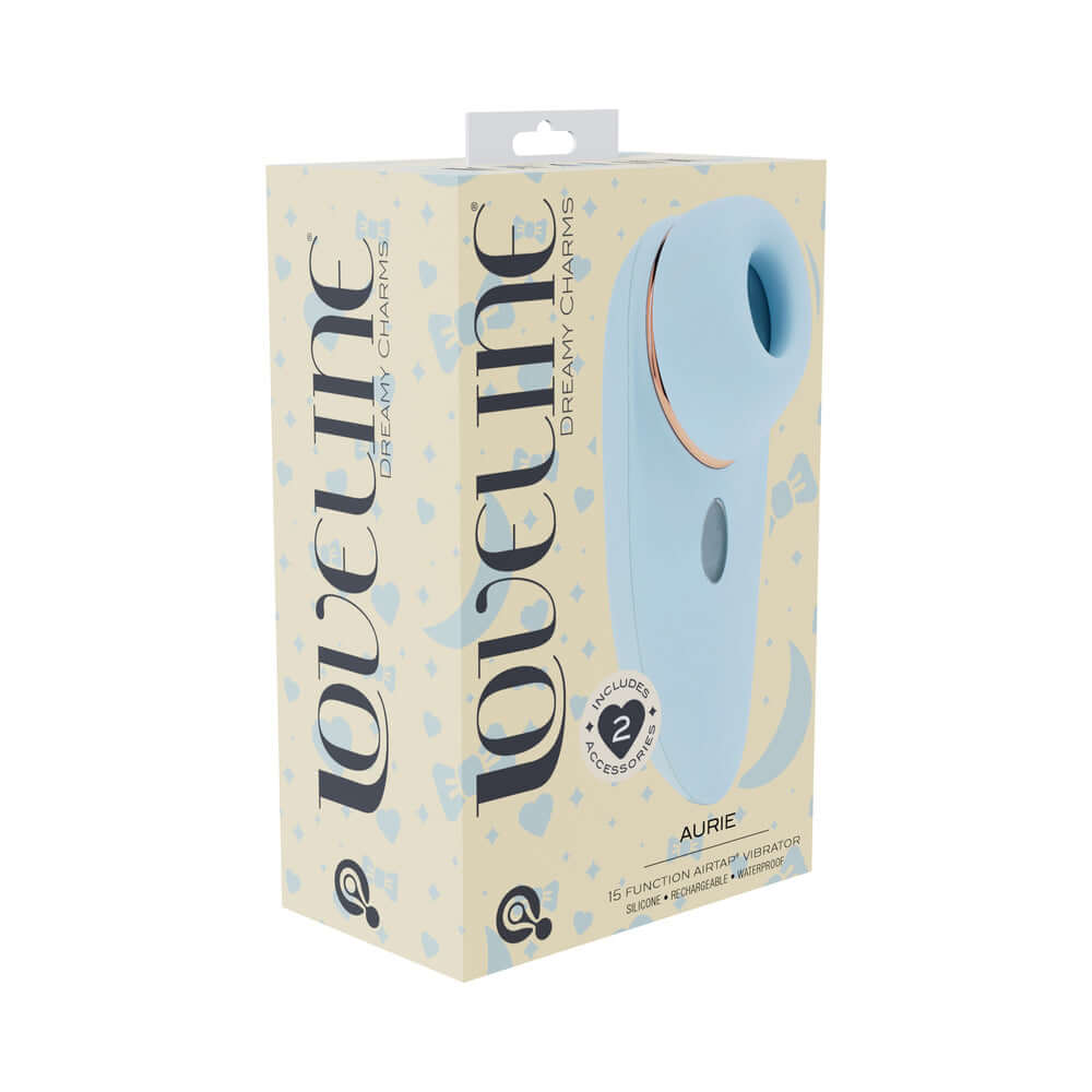 LoveLine Aurie AirTapTech Rechargeable Vibrator Blue packaging displayed with features highlighted.