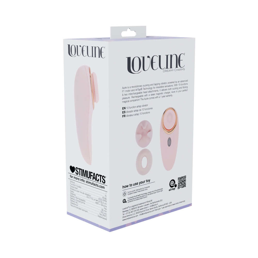 LoveLine Aurie AirTapTech Rechargeable Vibrator Pink packaging showcasing features and usage instructions.