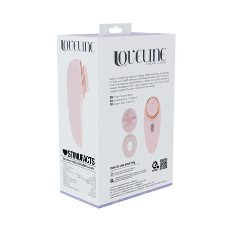 LoveLine Aurie AirTapTech Rechargeable Vibrator Pink packaging showcasing features and usage instructions.