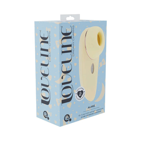 LoveLine Aurie AirTapTech Rechargeable Vibrator Yellow packaging featuring air stimulation and tapping vibration technology.
