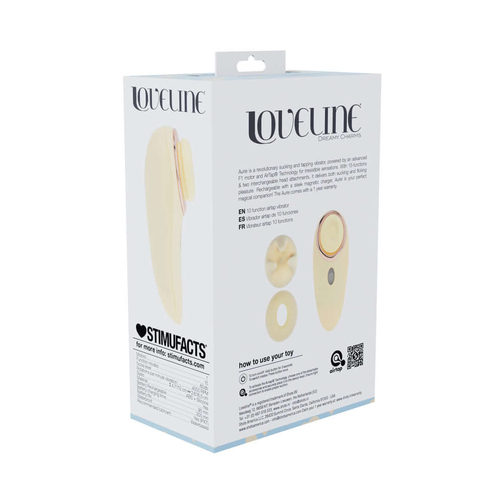 LoveLine Aurie AirTapTech Rechargeable Vibrator Yellow packaging showcasing its innovative design and features.