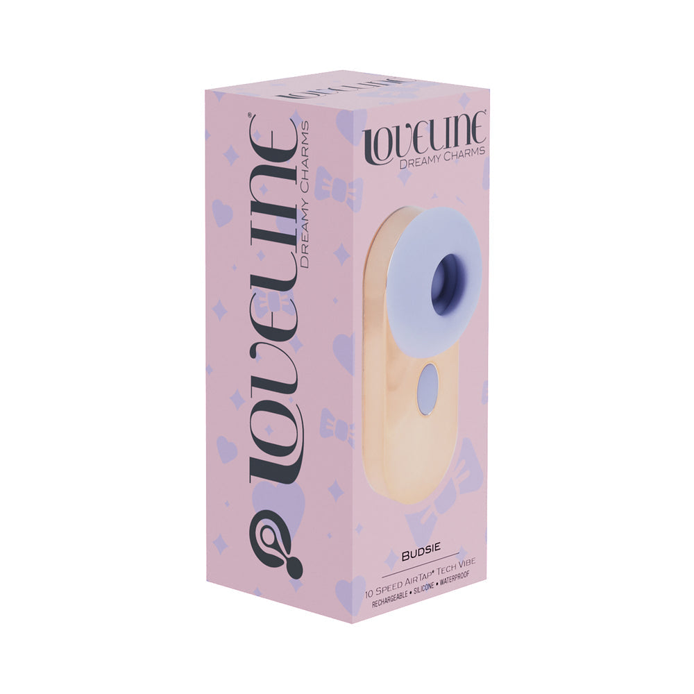 Loveline Budsie Airtaptech Rechargeable Vibrator Lavender packaging with earbud shape design.