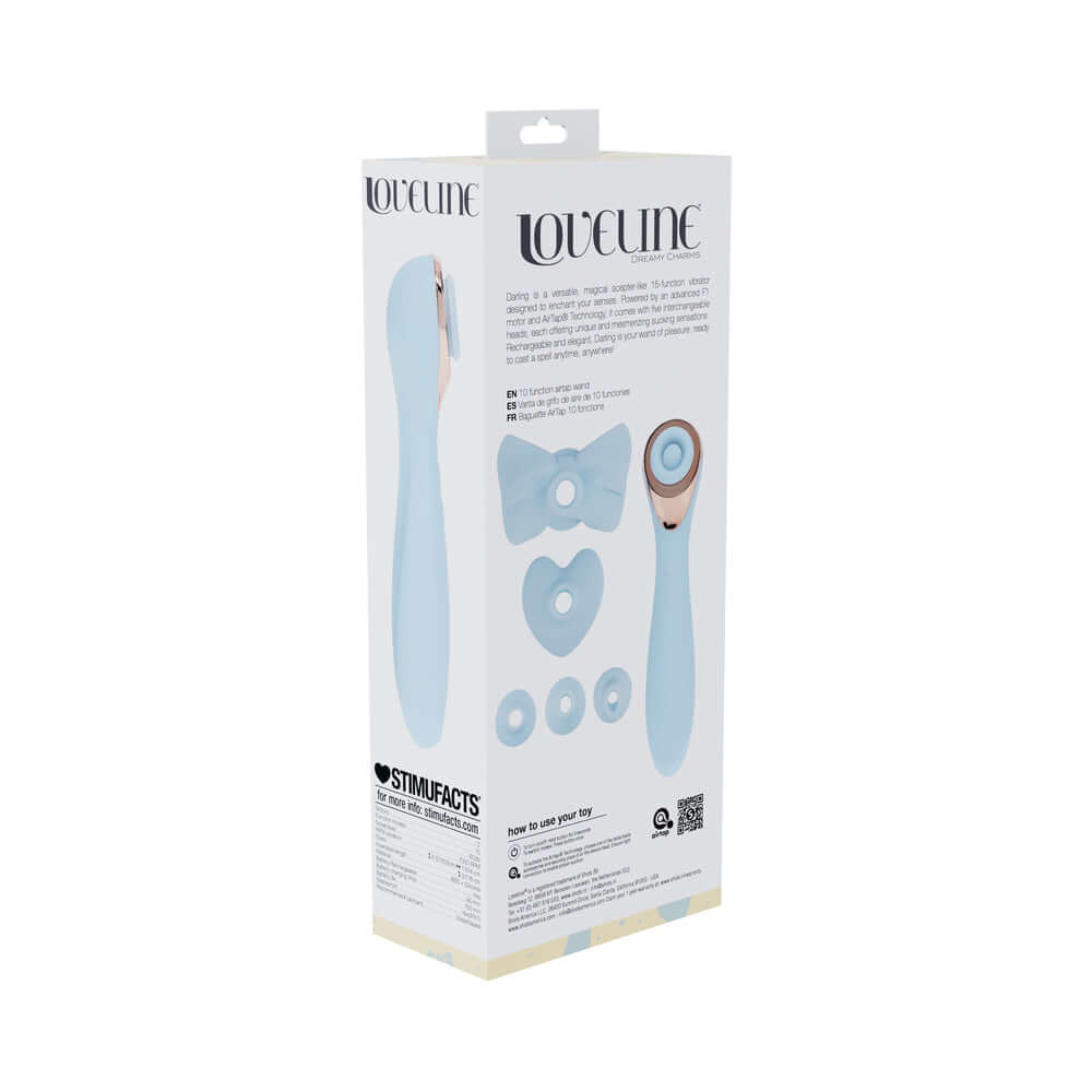LoveLine Darling AirTapTech Rechargeable Vibrator Blue packaging with multiple attachments and stylish design.