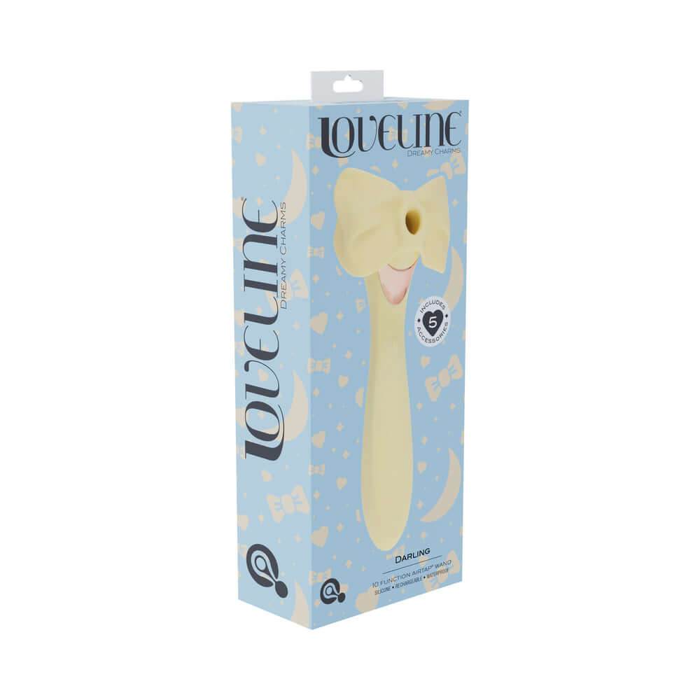 LoveLine Darling AirTapTech Rechargeable Vibrator Yellow packaging with a bow design, stylish for pleasure.