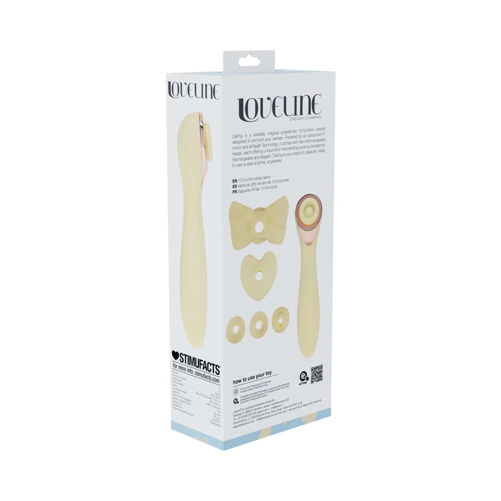 LoveLine Darling AirTapTech Rechargeable Vibrator Yellow packaging showcasing its stylish design and innovative features.