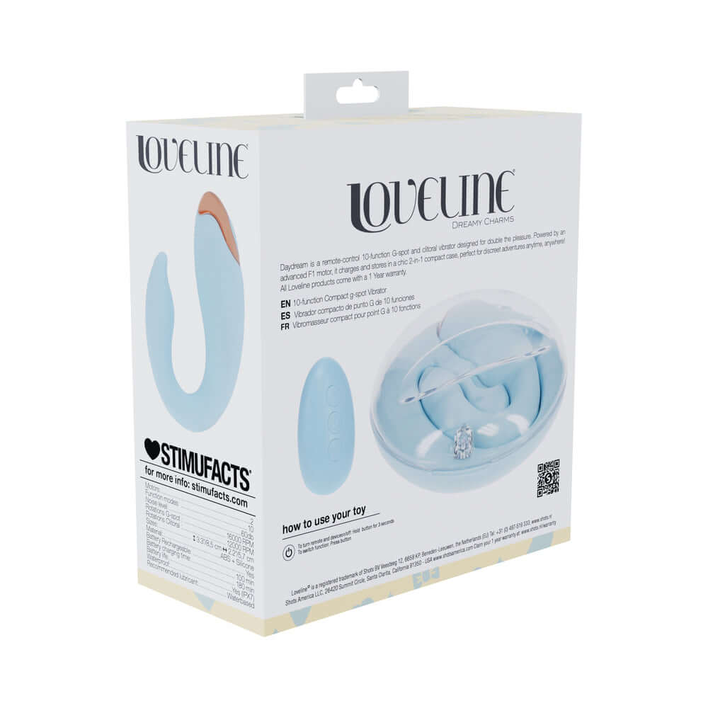 LoveLine Daydream AirTapTech Rechargeable Vibrator Blue packaging with user instructions and product details.