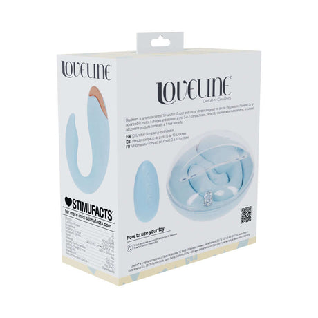 LoveLine Daydream AirTapTech Rechargeable Vibrator Blue packaging with user instructions and product details.