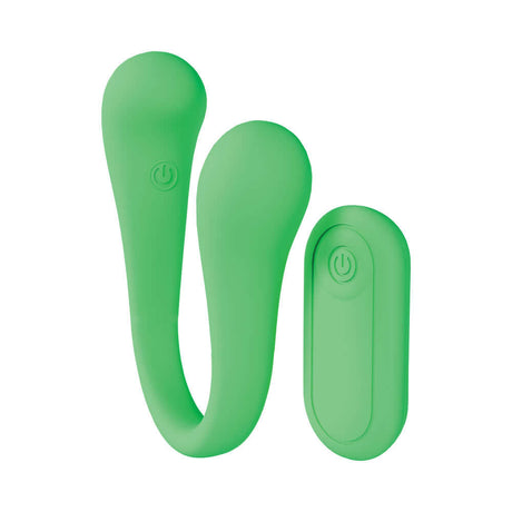 LoveLine FlexEase Bend Vibe Liquid Silicone Green flexible dual-ended vibrator with droplet shapes.