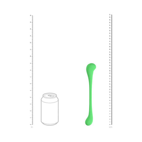 LoveLine FlexEase Bend Vibe Liquid Silicone Green next to a can for size comparison, showcasing its flexible design.
