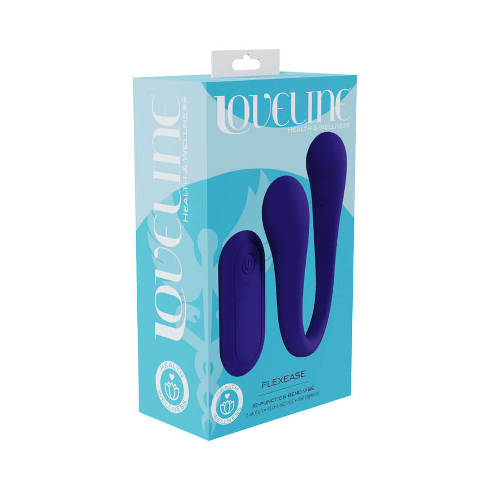 LoveLine FlexEase Bend Vibe Liquid Silicone Purple packaging showcasing its flexible and dual-ended design.