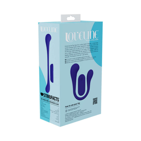 LoveLine FlexEase Bend Vibe Liquid Silicone Purple product packaging with instructions and promotional details.