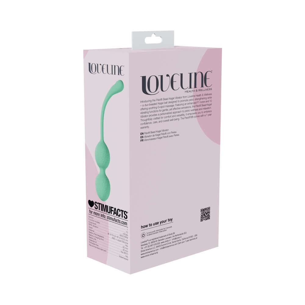 LoveLine PelviFit Beads Kegel Vibe Waterproof Remote Green packaging with product details and usage instructions.