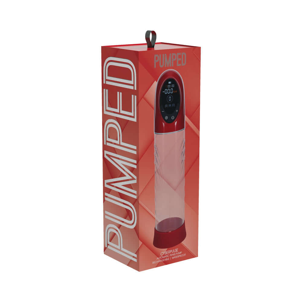 PUMPED CyberPulse Automatic Waterproof Metallic Red product packaging display with sleek design and digital interface.