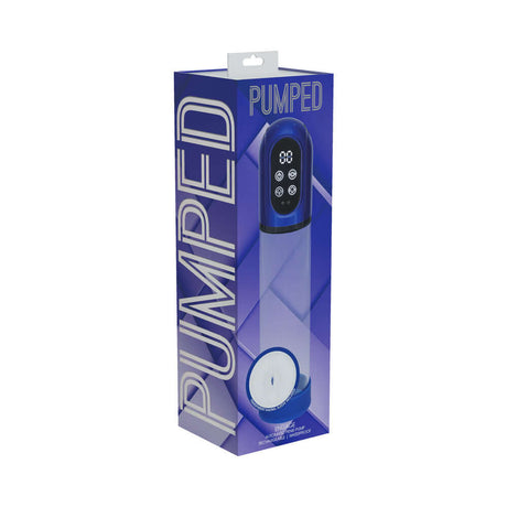 PUMPED Engage Automatic Waterproof Metallic Blue product packaging with sleek design and digital controls.