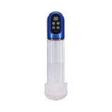 PUMPED Engage Automatic Waterproof Metallic Blue penis pump showcasing sleek design and digital controls.