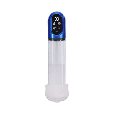 PUMPED Engage Automatic Waterproof Metallic Blue penis pump showcasing sleek design and digital controls.