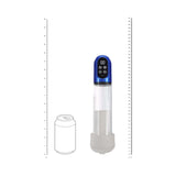 PUMPED Engage Automatic Waterproof Metallic Blue penis pump showcased beside a can for size comparison.