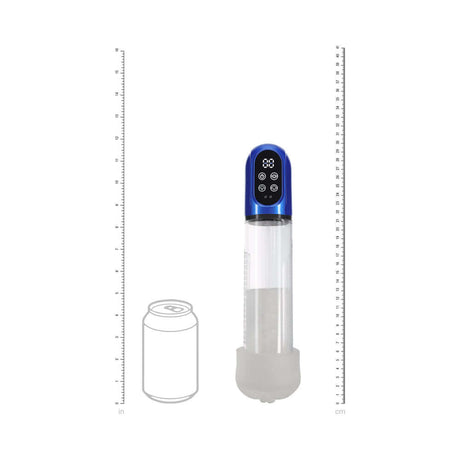 PUMPED Engage Automatic Waterproof Metallic Blue penis pump showcased beside a can for size comparison.