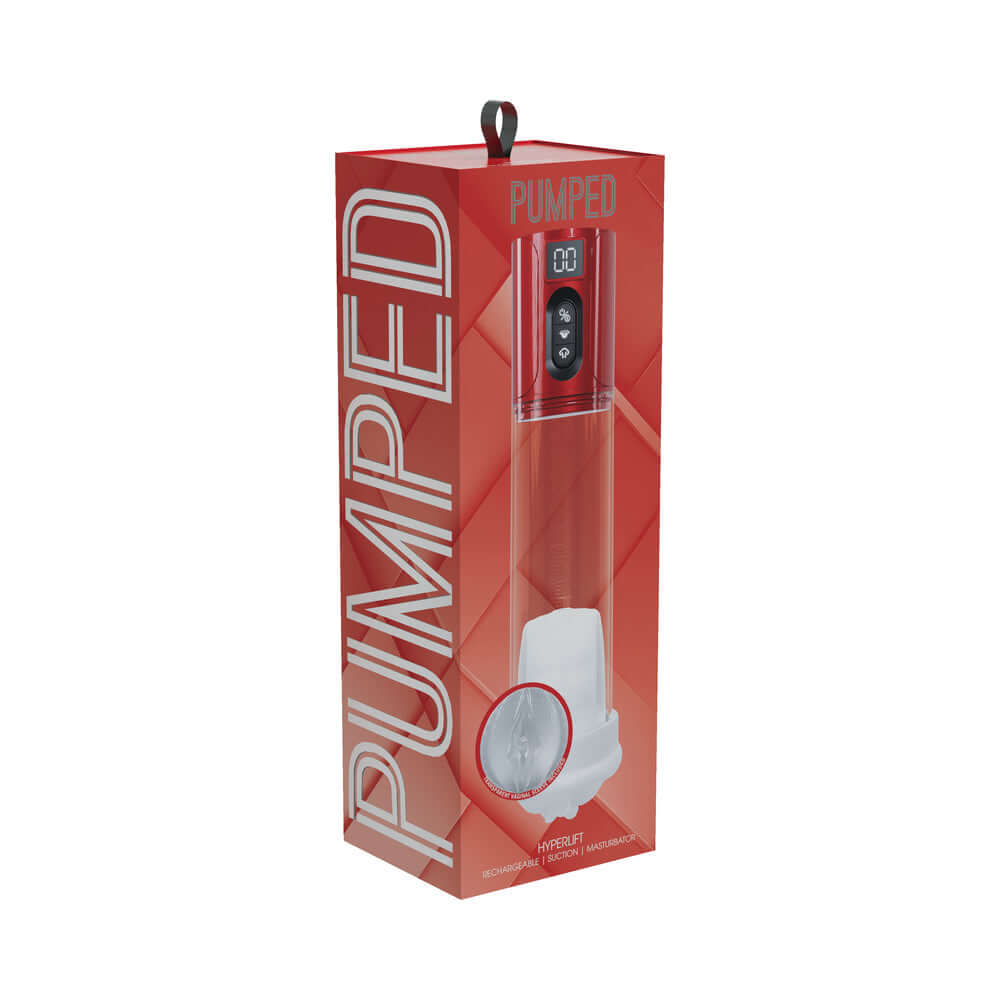 PUMPED HyperLift Masturbator Suction Metallic Red packaging showing sleek design and features.