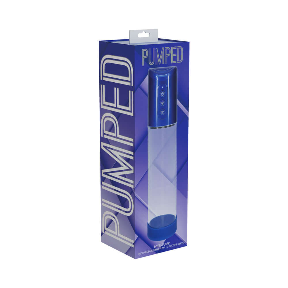 PUMPED HyperPump Automatic Metallic Blue packaging on display, showcasing the unique design and features of the product.
