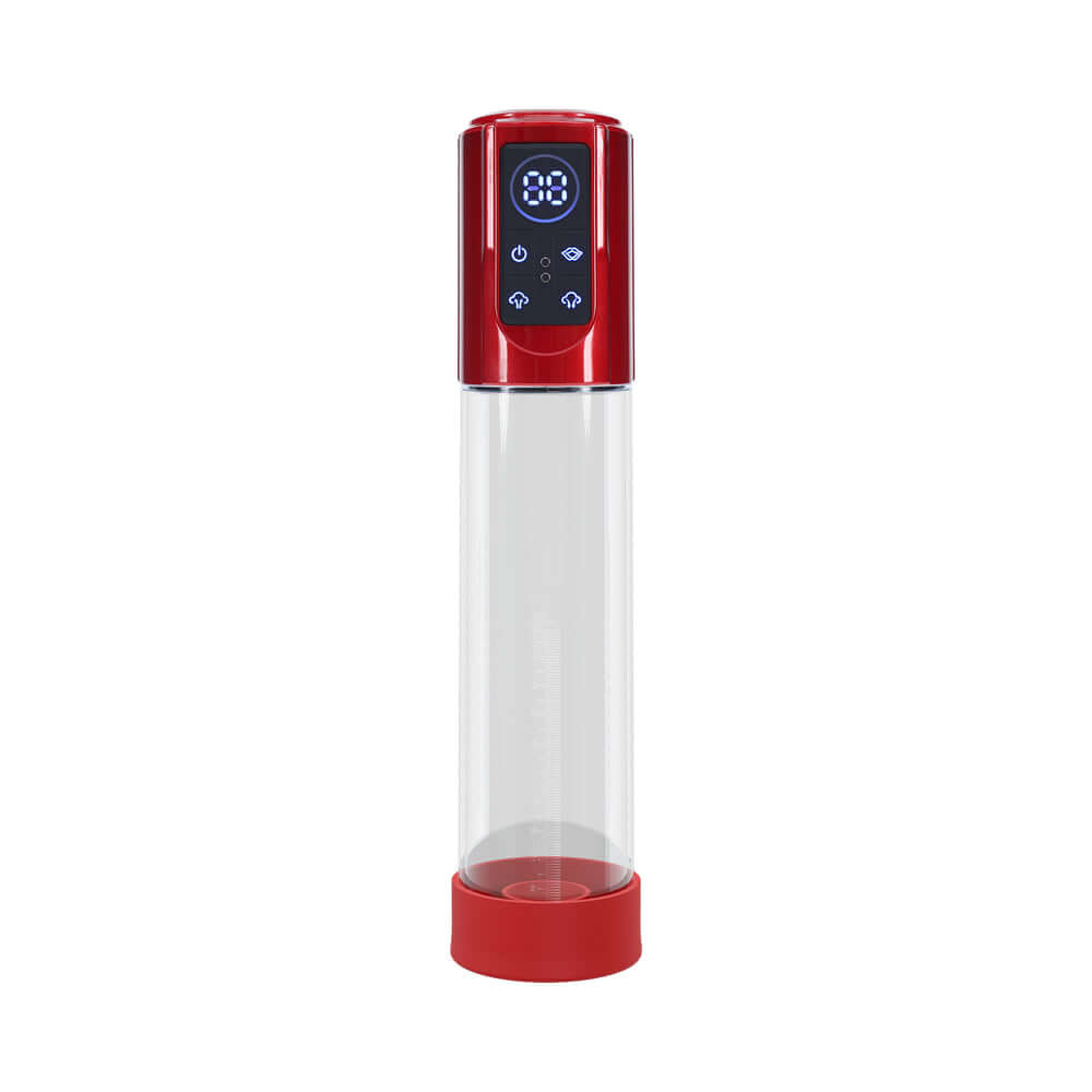 PUMPED MegaLift Automatic Waterproof Metallic Red device with digital controls and clear body for penile enhancement.