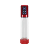 PUMPED MegaLift Automatic Waterproof Metallic Red device with digital controls and clear body for penile enhancement.