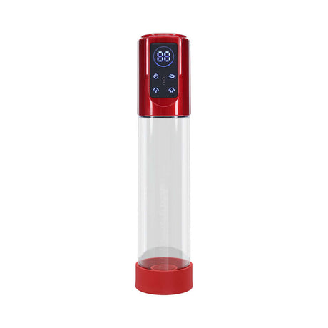 PUMPED MegaLift Automatic Waterproof Metallic Red device with digital controls and clear body for penile enhancement.