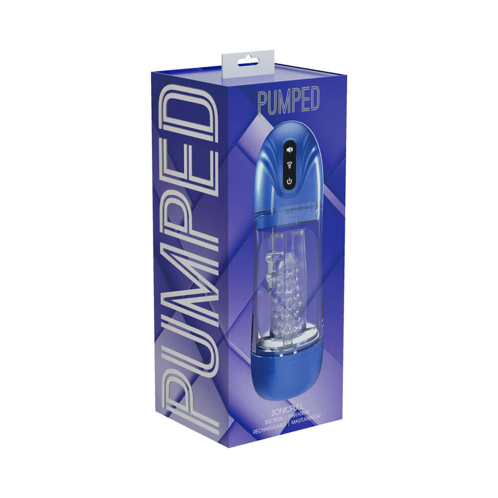 PUMPED SonicPull Masturbator Suction Vibration Blue packaging displayed with a clear view of the product.