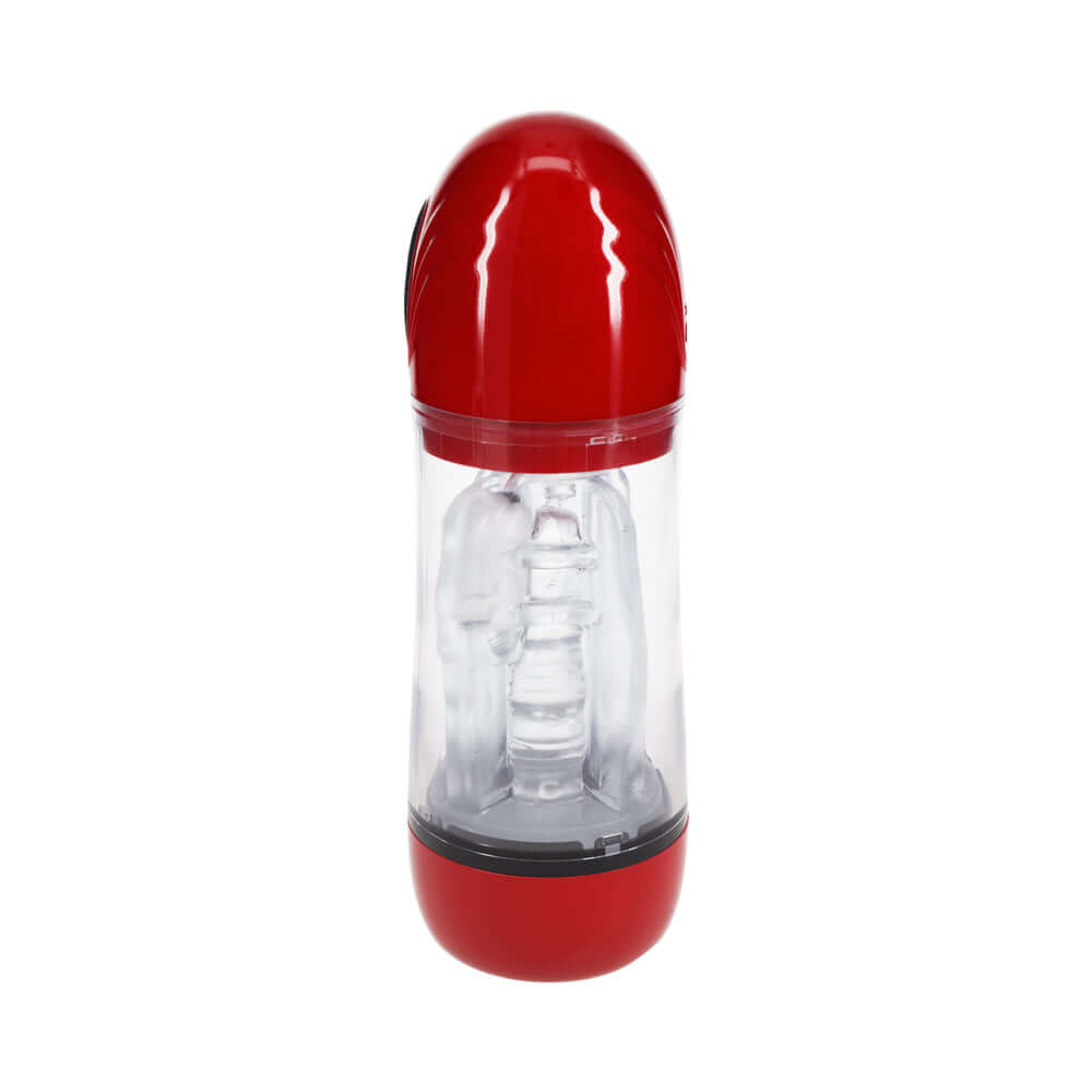 PUMPED SonicPull Masturbator Suction Vibration Red featuring a transparent design for enhanced stimulation.