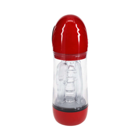 PUMPED SonicPull Masturbator Suction Vibration Red featuring a transparent design for enhanced stimulation.