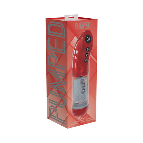 PUMPED StrokeMate Masturbator Metallic Red packaging with controls and sleek design.